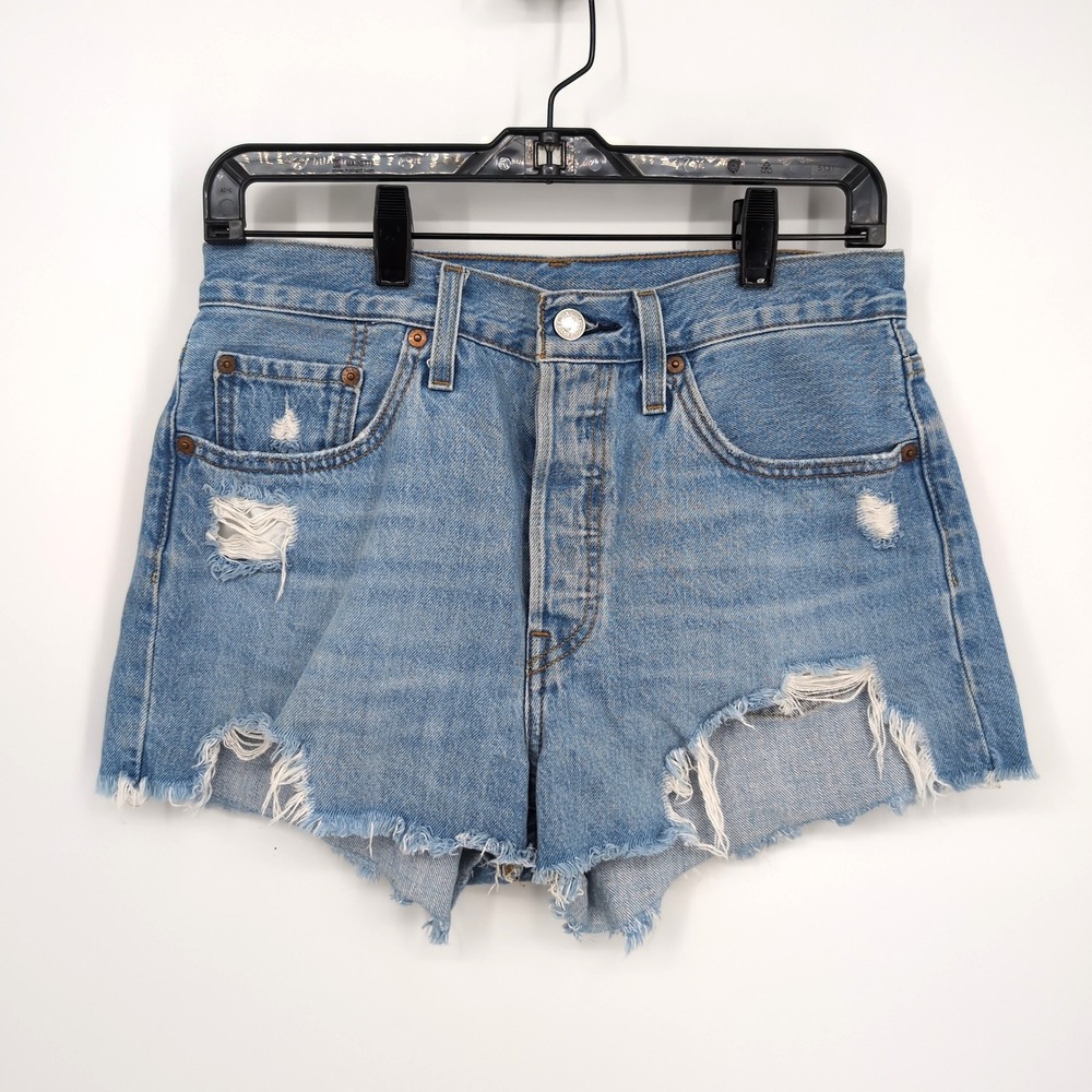 Levi's 501 Original Shorts Blue Distressed Denim Women's Size 28